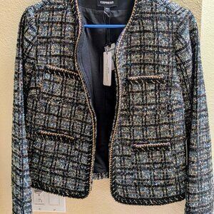 Express Tweed Bouclé Cropped Jacket Blazer NWT Size M Black Gold Trim